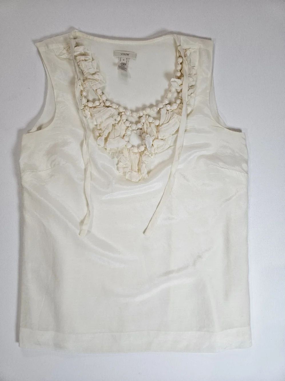 J. Crew Silk Blend Top Womens 0 Ivory Ruffle Beaded Neck‎ Boho To Formal